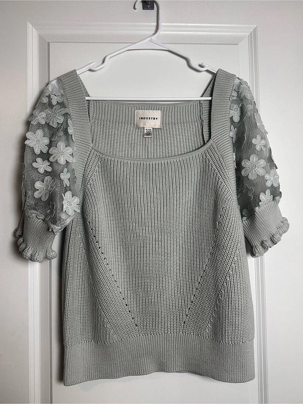 INDUSTRY Floral Sleeve Mint Cotton Sweater